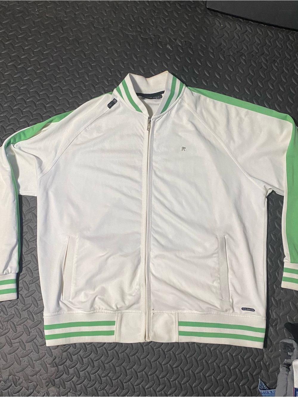 Rocawear White Zip-Up Track Jacket with Green Stripes